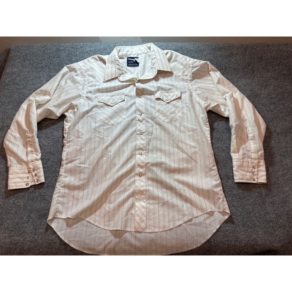 Vintage Wrangler Western Shirt Mens XL 17.5 35 Made USA Ivory Pinstripe